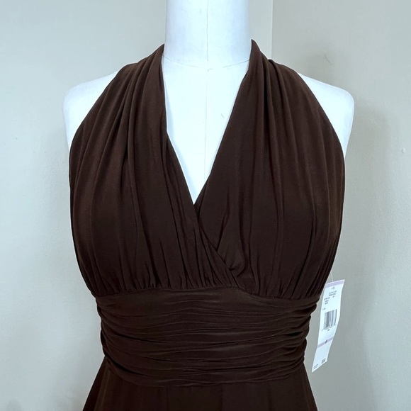 🏷️ Evan Picone Dream Girls Cocao Colored Halter Empire Midi Dress Ruched Waist - Picture 2 of 7